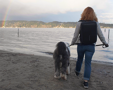 picture of woman wearing the portable dialysis machine prototype