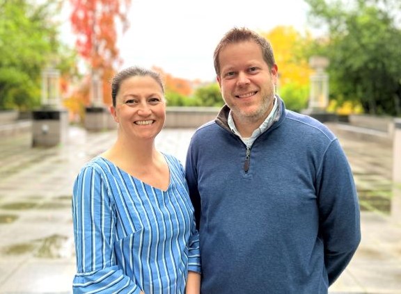 Alex Keefe and Danny Miller pediatric researchers outside on the University of Washington campus