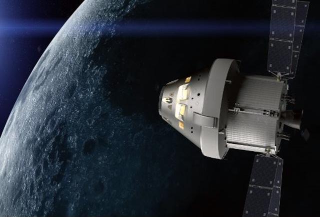 An artist's concept of Orion module in lunar orbit.