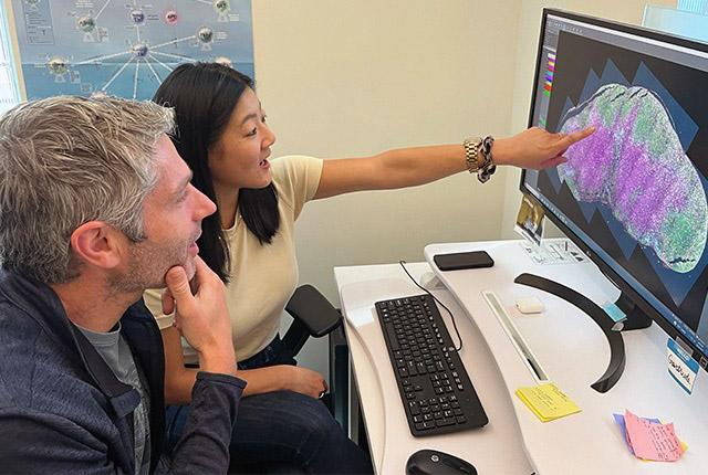 immunology fellow Jaime Chao and her mentor Michael Gerner look over microscopy data together