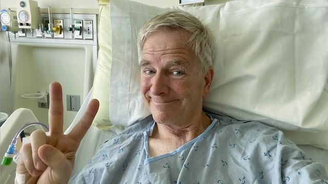 picture of Rick Steves at UWMC-Montlake after his prostate cancer surgery.