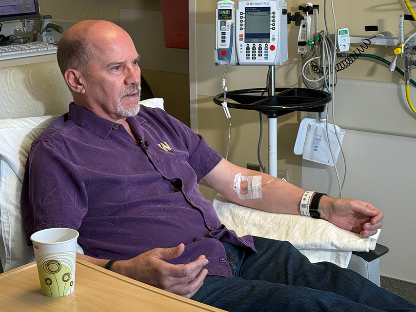picture of patient Bob Pringle receiving donanemab IV at Harborview Medical Center in Seattle