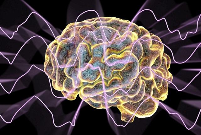 Illustration of a brain in deep sleep, with waves over the brain.