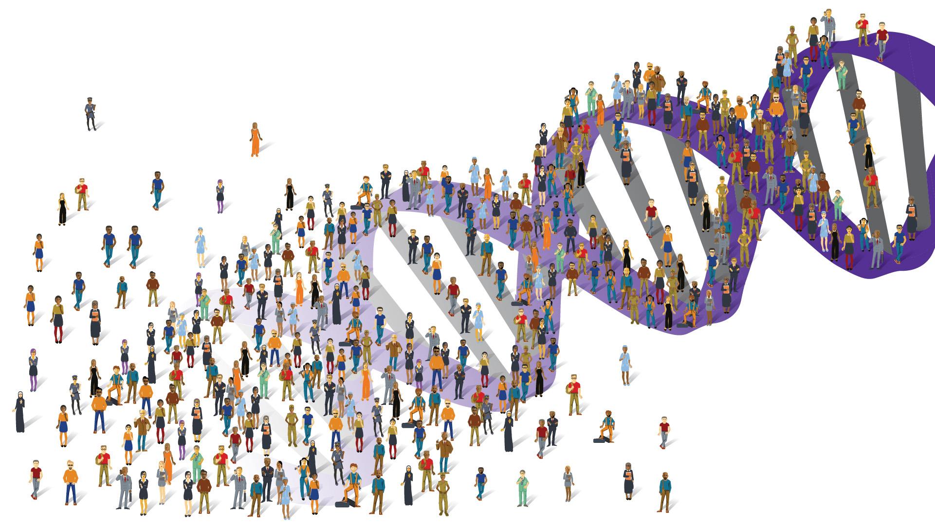 Artist's conception of DNA studies of individuals from diverse population groups.