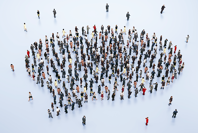 illustration of a speech bubble composed of people, with some people outside the bubble