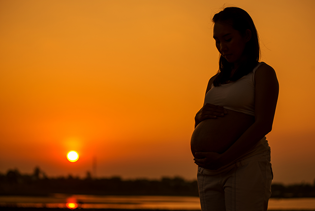 picture of a pregnant woman holding her belly with a hazy sky background