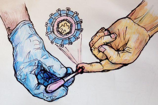 Illustration of finger-stick testing of hepatitis C with virus shown as a inset
