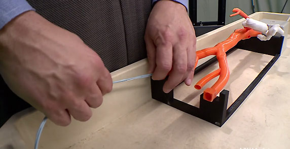 Wayne Monsky’s hands advance a catheter into a replica of a patient’s abdominal aorta